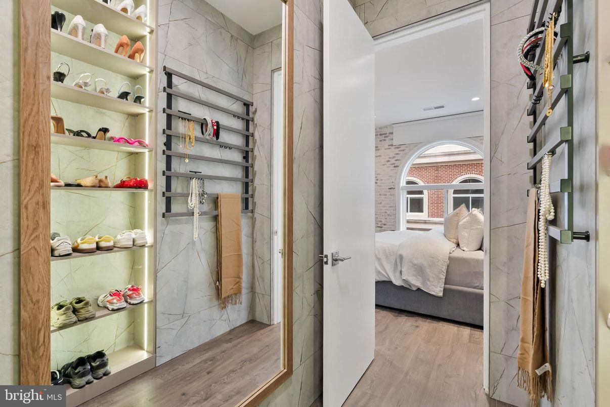 Bedroom, Interior, Marble Walls, Recessed Lighting, Wood Texture Flooring