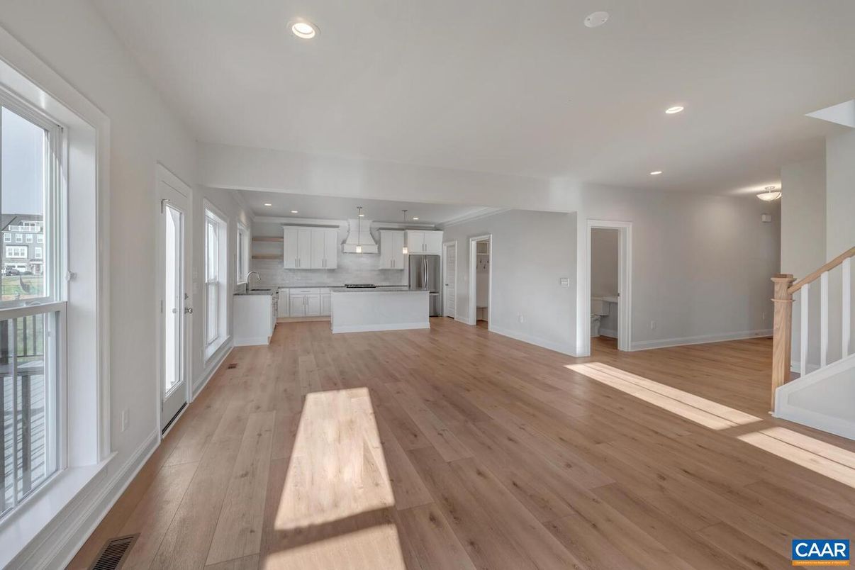 Empty room, Interior, Kitchen, Pendant Lights, Recessed Lighting, Wood Texture Flooring