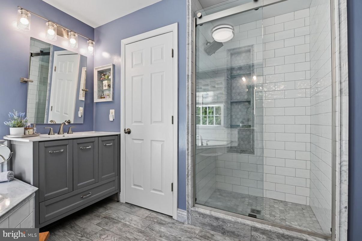 Bathroom, Glass Shower, Interior, Wood Texture Flooring