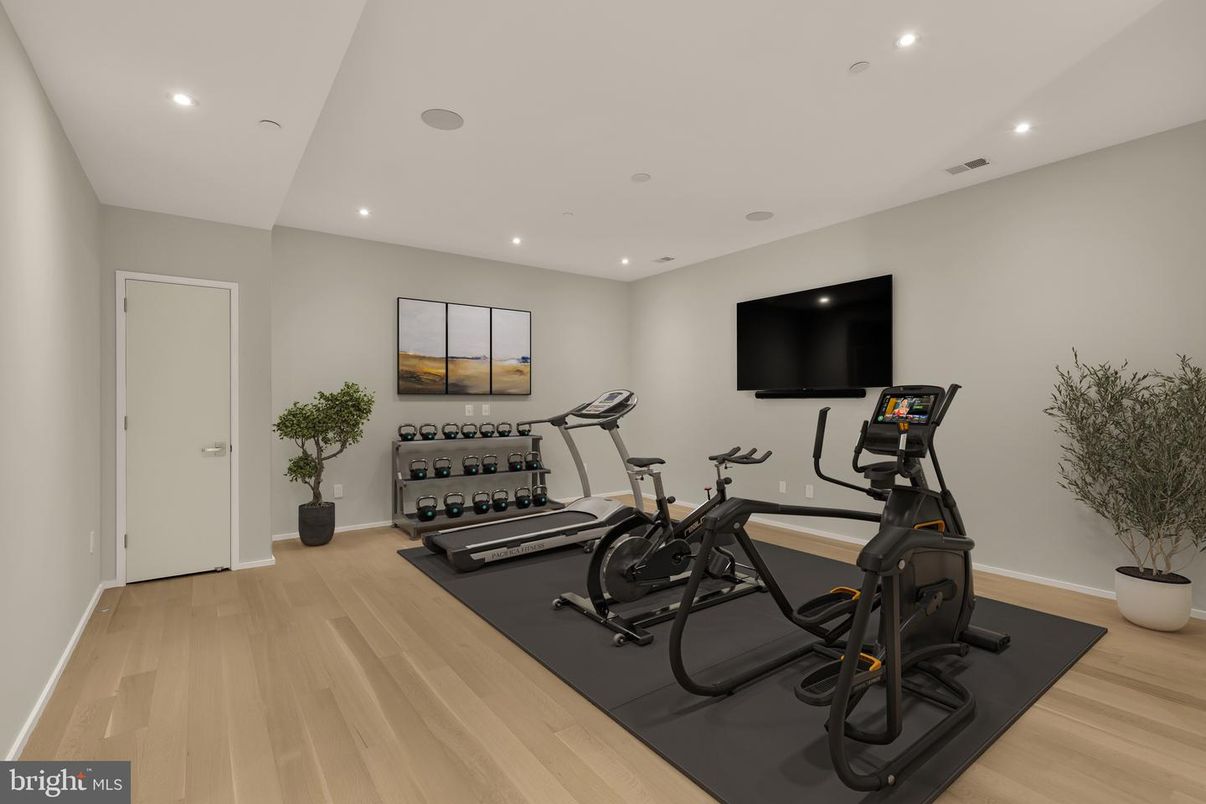 Fitness Equipment, Gym, Interior, Recessed Lighting, Wood Texture Flooring
