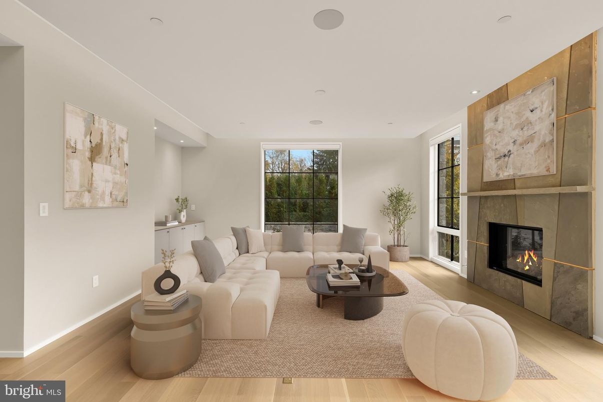 Fireplace, Interior, Living room, Recessed Lighting, Wood Texture Flooring