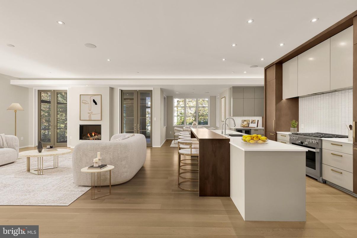 Fireplace, Interior, Kitchen, Living room, Recessed Lighting, Stainless Steel Appliances, Wood Texture Flooring