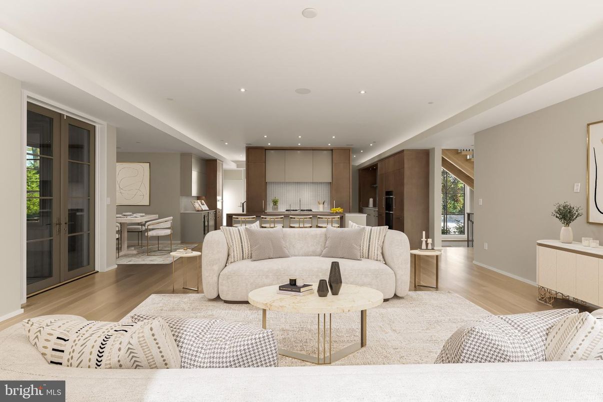 Dining room, Interior, Kitchen, Living room, Recessed Lighting, Wood Texture Flooring