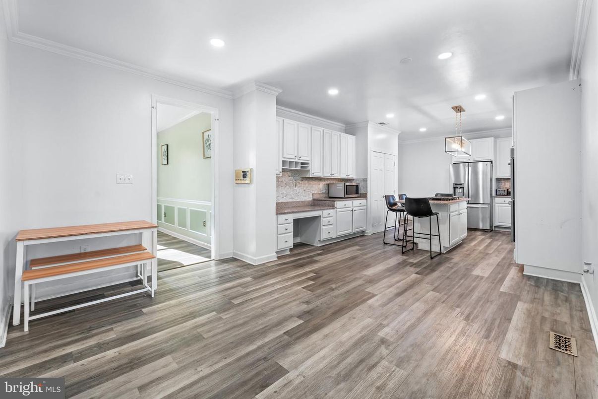 Interior, Kitchen, Pendant Lights, Recessed Lighting, Stainless Steel Appliances, Wood Texture Flooring