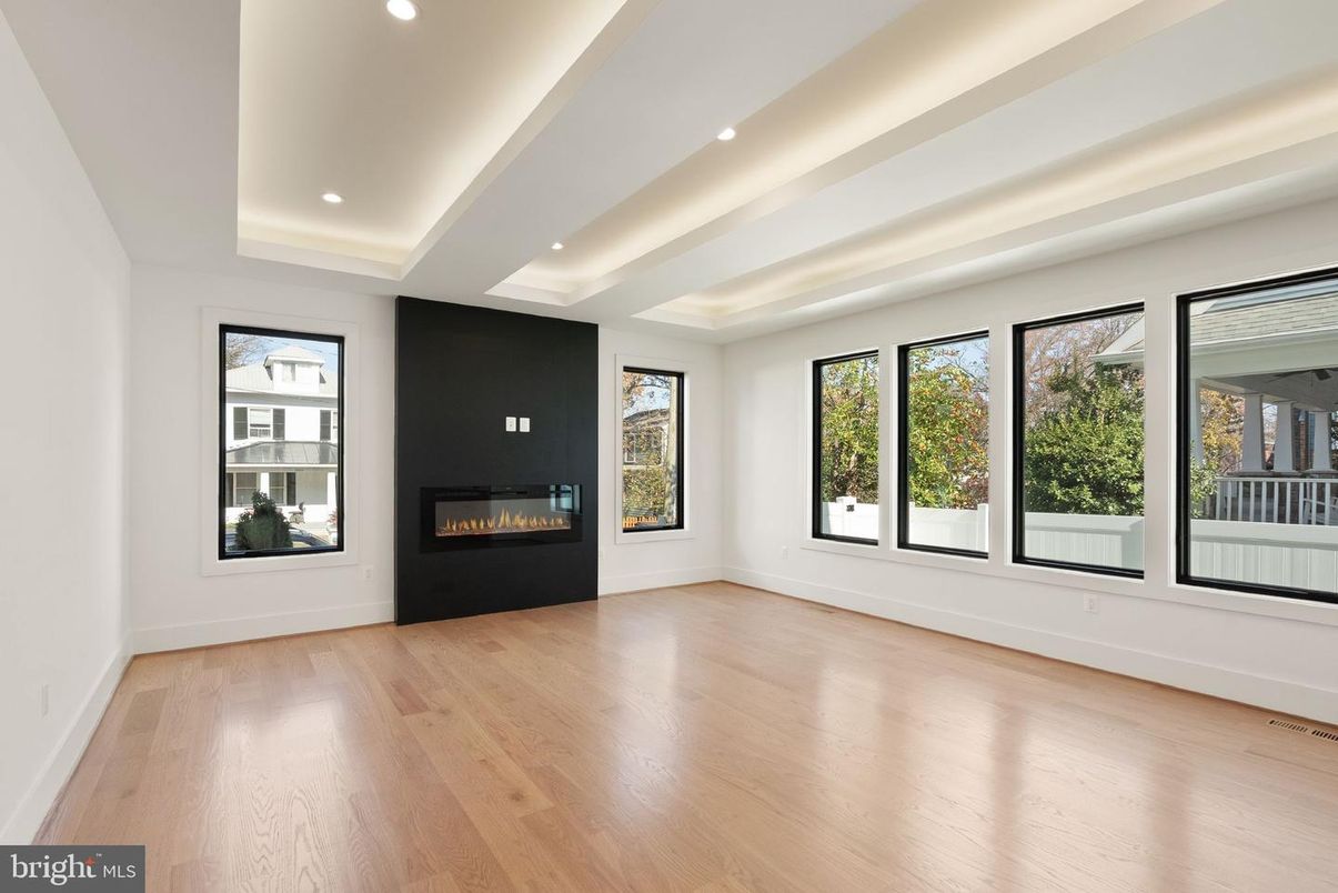 Empty room, Fireplace, Interior, Recessed Lighting, Wood Texture Flooring
