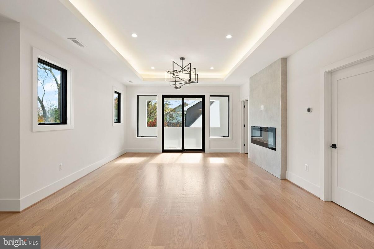 Empty room, Fireplace, Interior, Pendant Lights, Recessed Lighting, Wood Texture Flooring