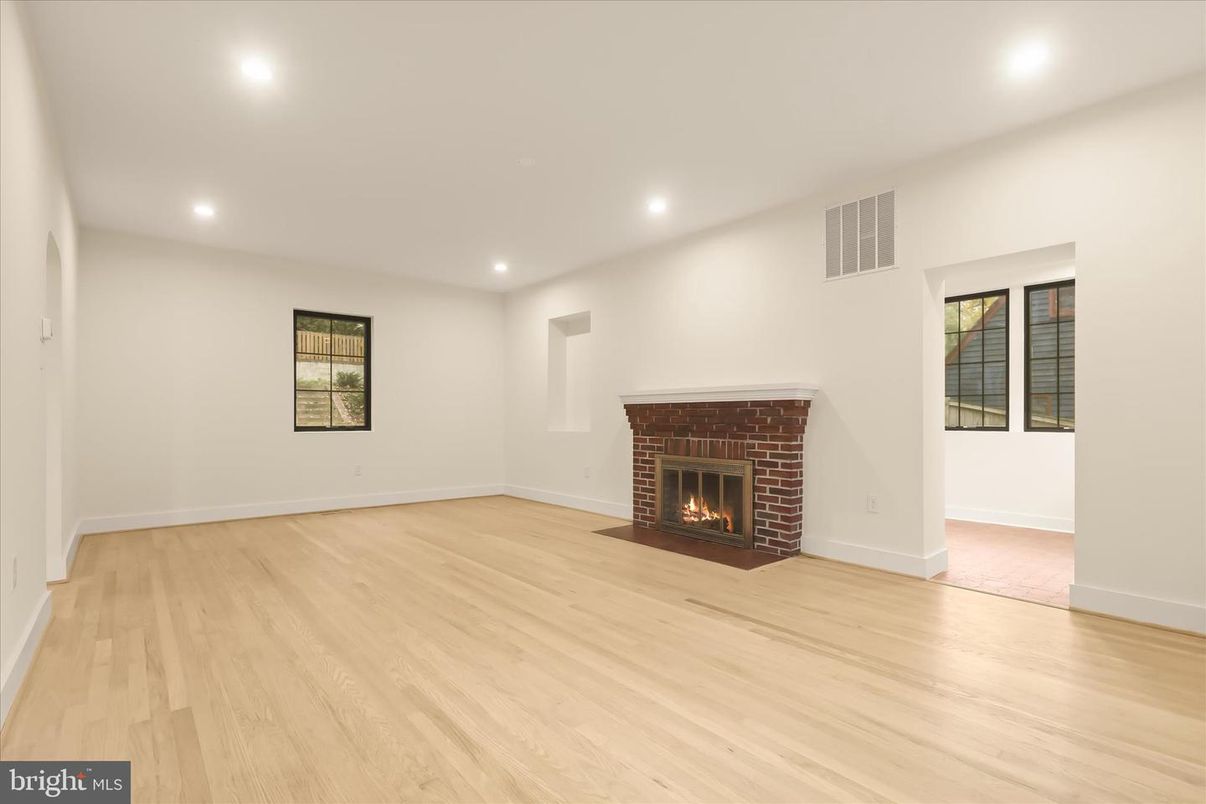 Empty room, Fireplace, Interior, Recessed Lighting, Wood Texture Flooring