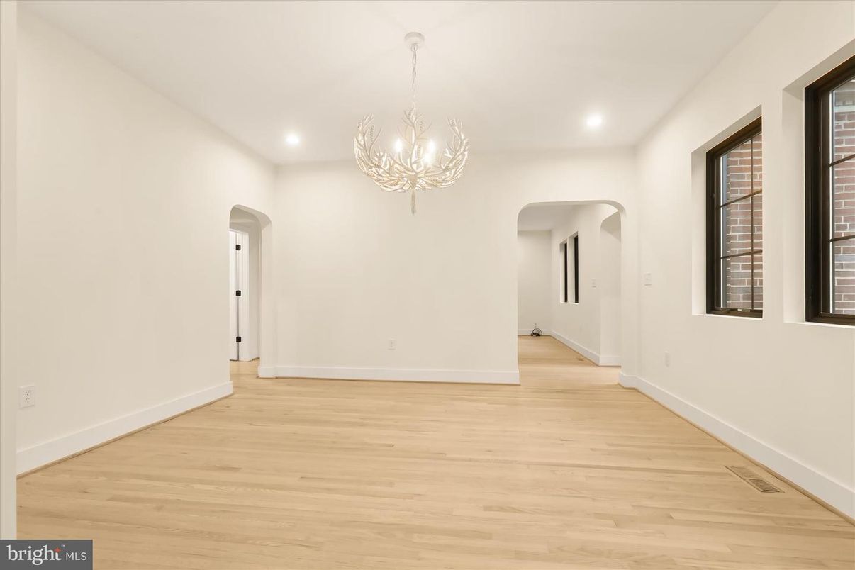 Chandelier, Empty room, Interior, Recessed Lighting, Wood Texture Flooring