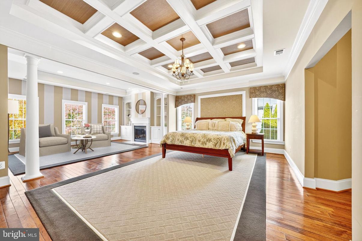 Bedroom, Chandelier, Fireplace, Interior, Recessed Lighting, Wood Texture Flooring