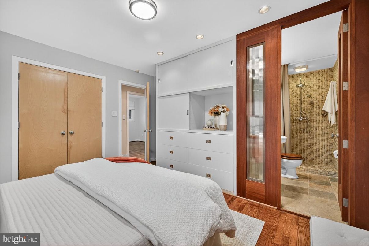 Bathroom, Bedroom, Glass Shower, Interior, Recessed Lighting, Wood Texture Flooring