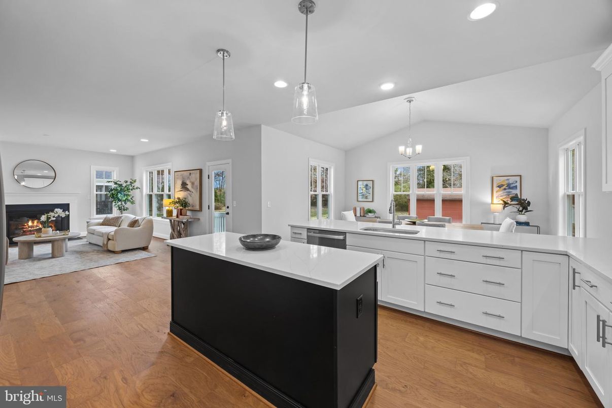 Fireplace, Interior, Kitchen, Living room, Pendant Lights, Recessed Lighting, Wood Texture Flooring