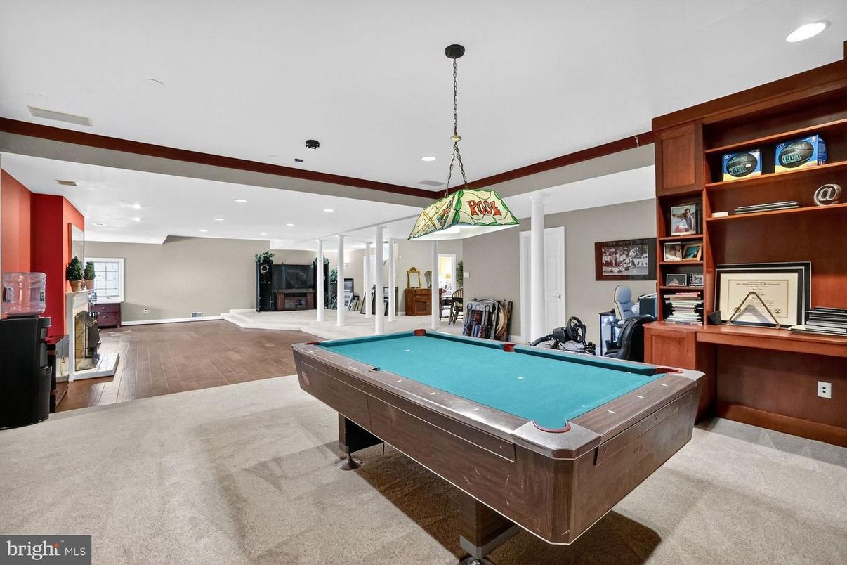 Billiard Table, Game Room, Interior, Pendant Lights, Recessed Lighting, Wood Texture Flooring
