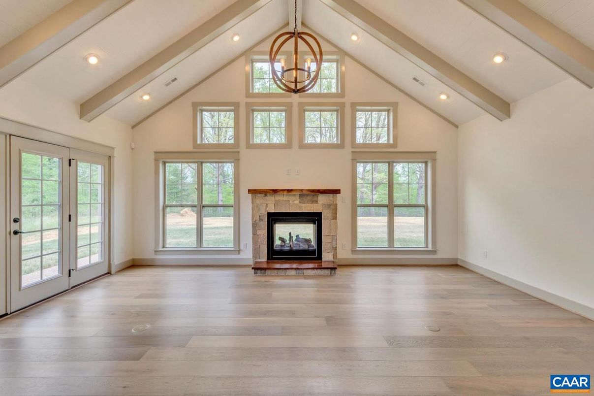 Empty room, Fireplace, Interior, Recessed Lighting, Wood Texture Flooring
