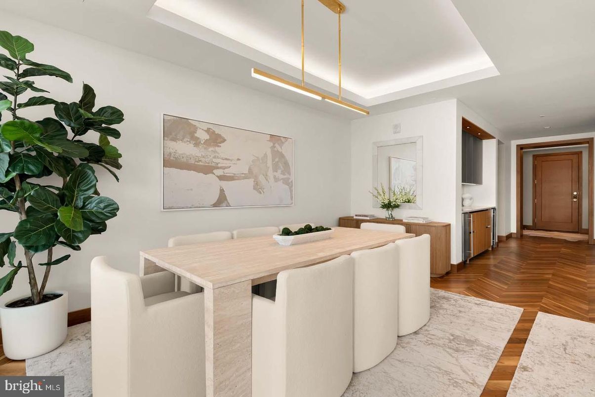 Dining room, Interior, Pendant Lights, Recessed Lighting, Wood Texture Flooring