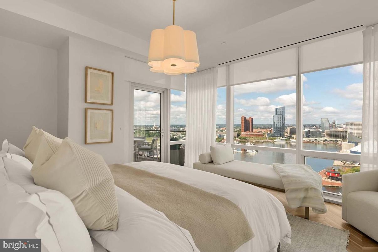 Bedroom, Interior, Pendant Lights, Water, Wood Texture Flooring