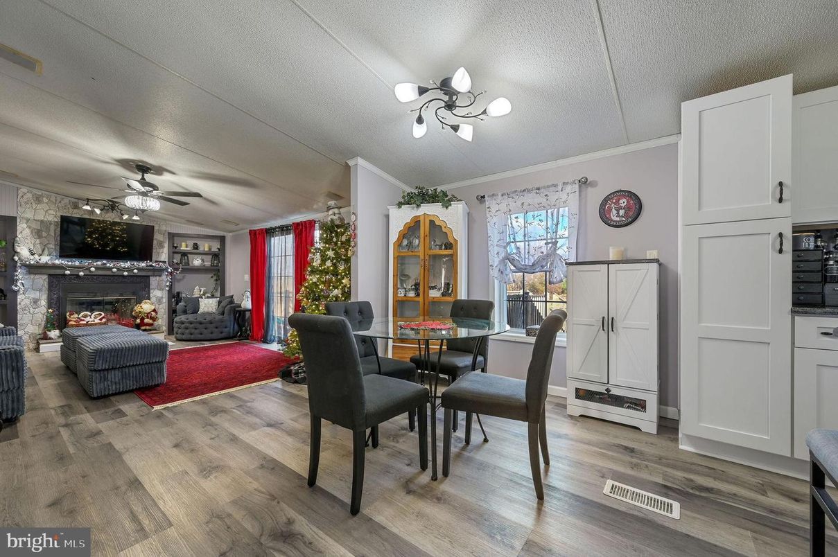 Dining room, Fireplace, Interior, Living room, Wood Texture Flooring