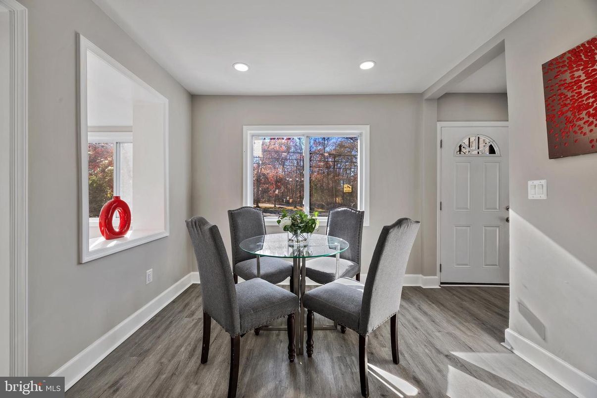 Dining room, Interior, Recessed Lighting, Wood Texture Flooring