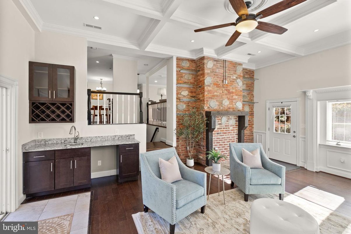 Fireplace, Interior, Kitchen, Living room, Recessed Lighting, Stone Walls, Wood Texture Flooring