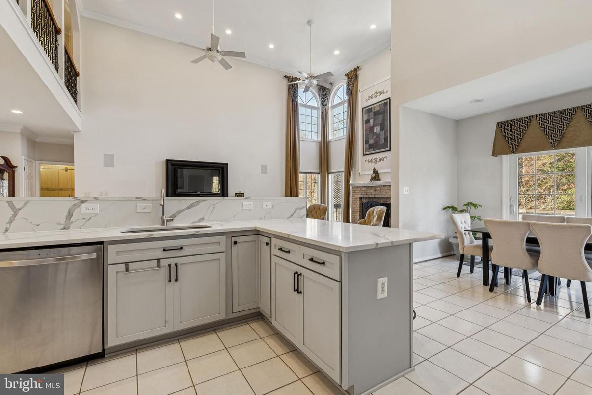 Dining room, Fireplace, Interior, Kitchen, Pendant Lights, Recessed Lighting, Stainless Steel Appliances
