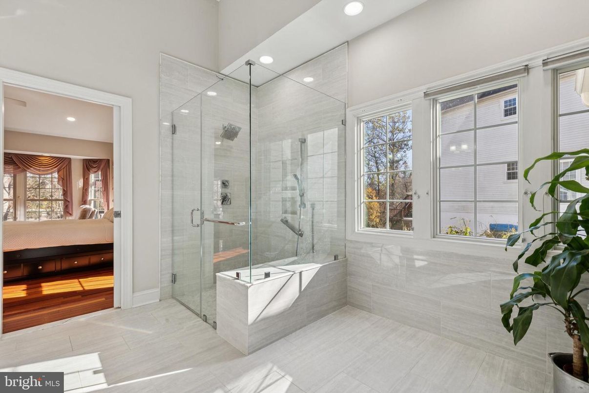 Bathroom, Glass Shower, Interior, Recessed Lighting, Wood Texture Flooring