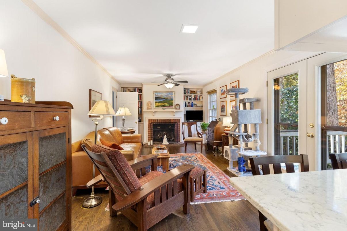 Dining room, Fireplace, Interior, Living room, Wood Texture Flooring