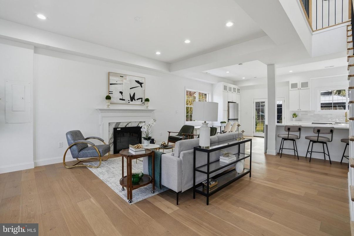 Dining room, Fireplace, Interior, Kitchen, Living room, Recessed Lighting, Wood Texture Flooring