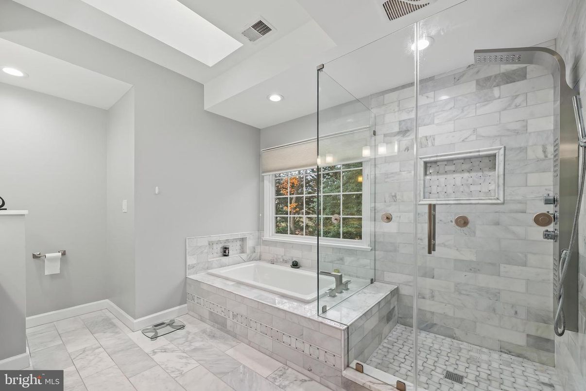 Bathroom, Glass Shower, Interior, Marble, Marble Walls, Recessed Lighting