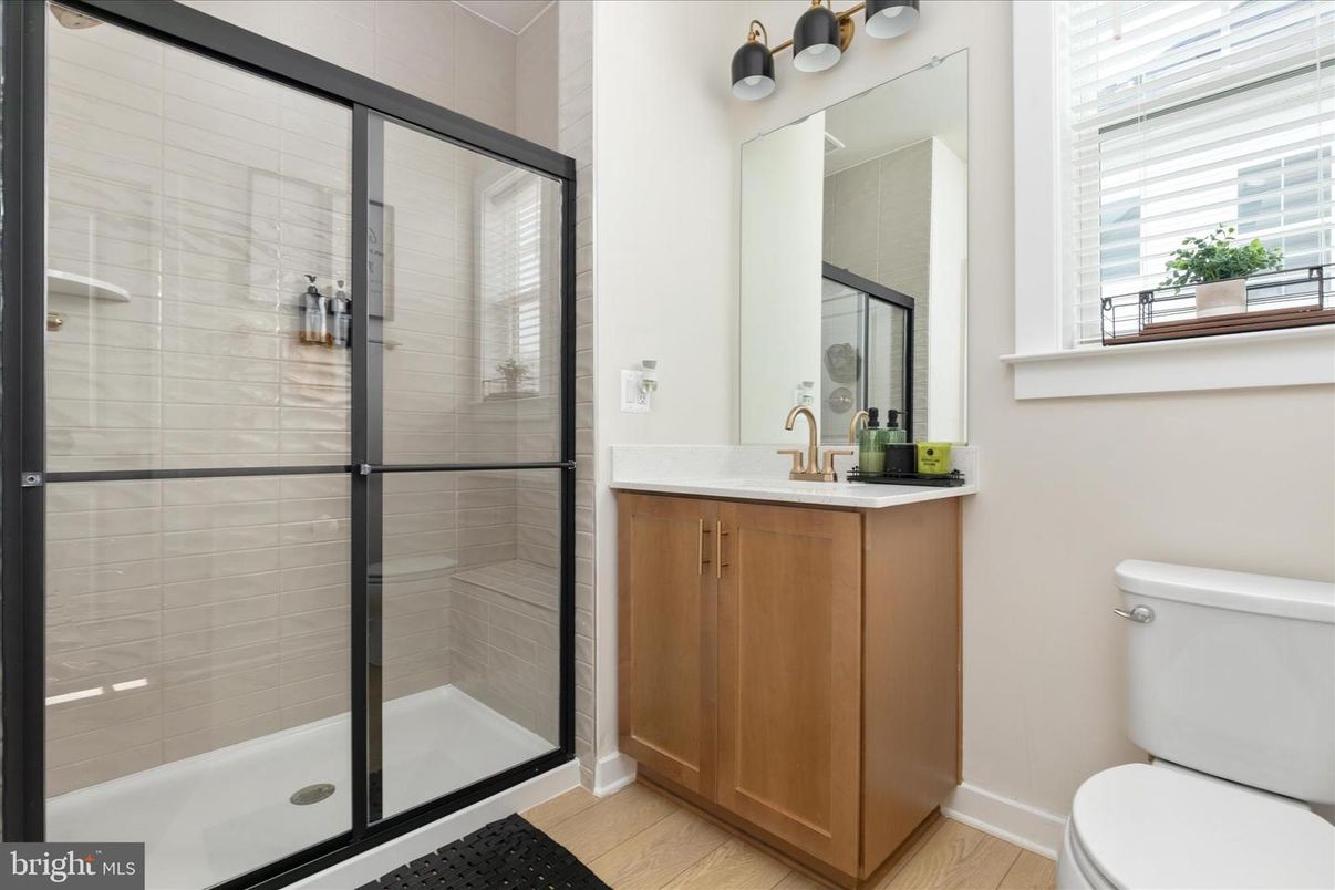 Bathroom, Glass Shower, Interior, Wood Texture Flooring