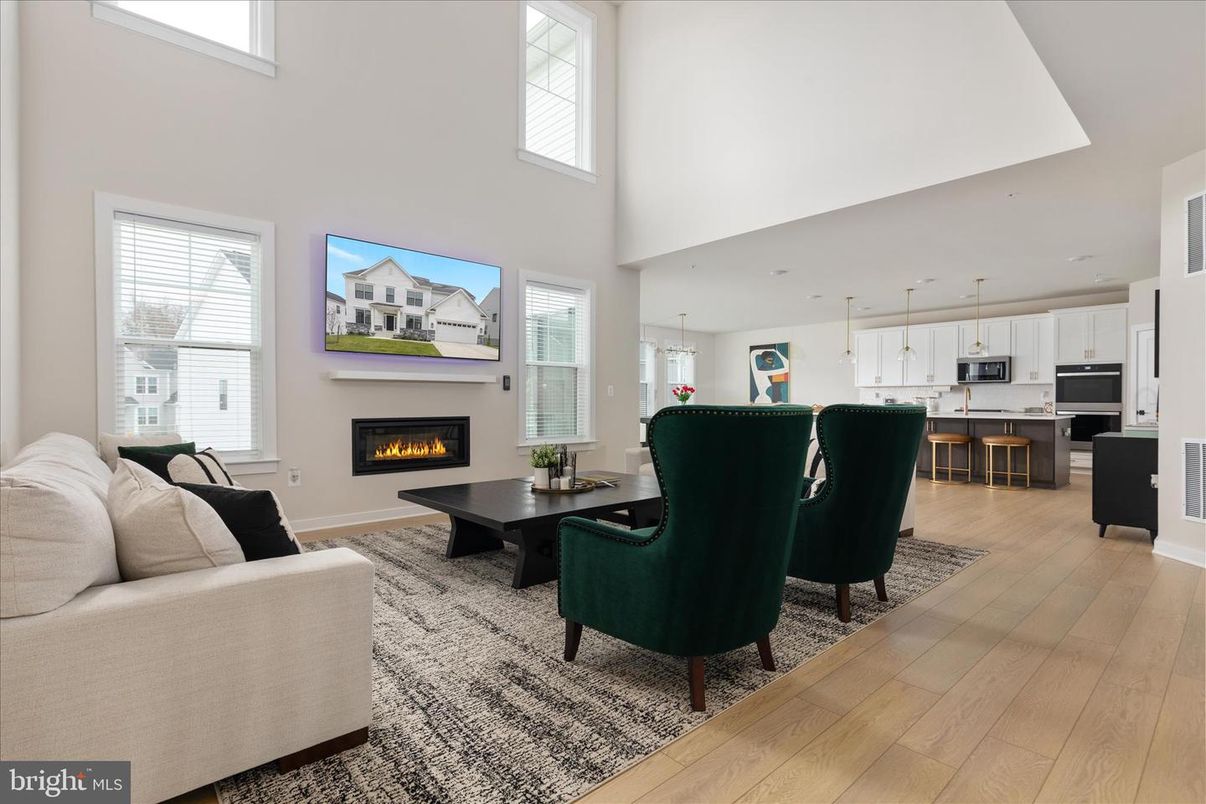 Dining room, Fireplace, Interior, Kitchen, Living room, Pendant Lights, Wood Texture Flooring