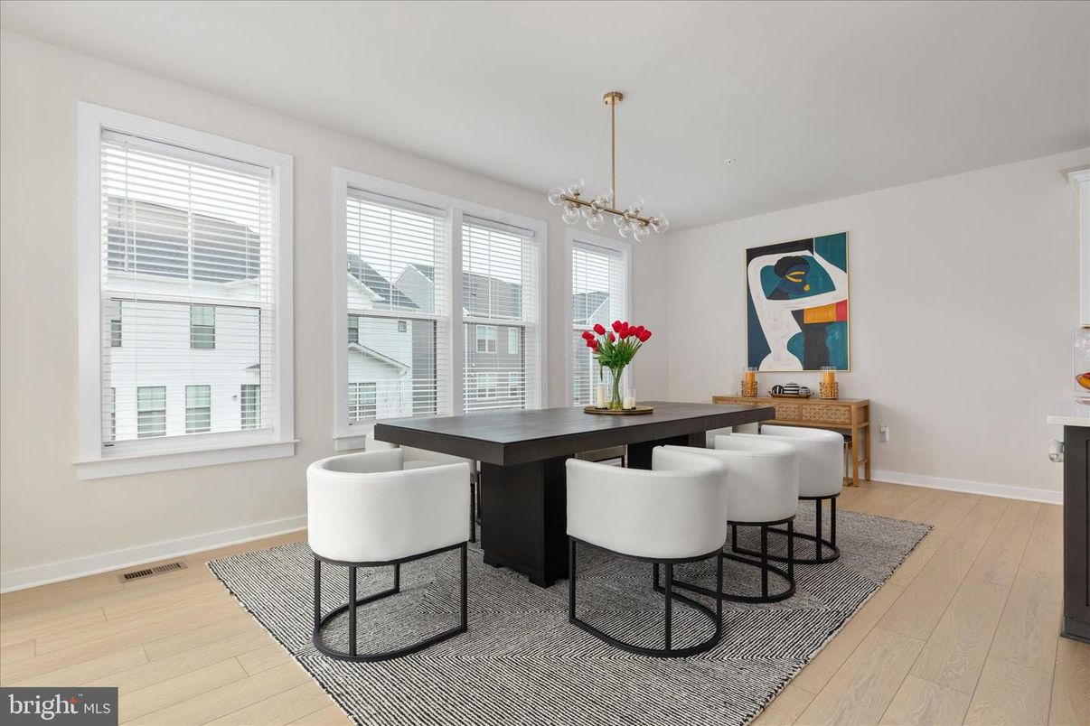 Dining room, Interior, Pendant Lights, Wood Texture Flooring