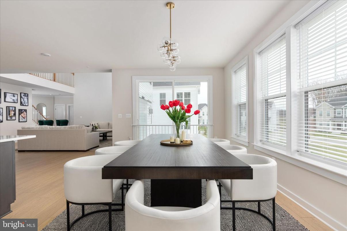 Dining room, Interior, Living room, Pendant Lights, Wood Texture Flooring