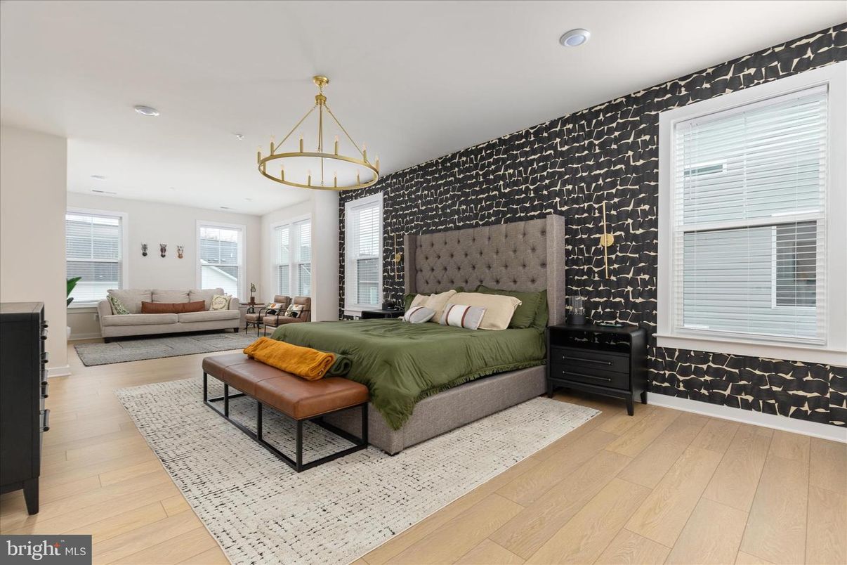 Bedroom, Chandelier, Interior, Recessed Lighting, Wood Texture Flooring
