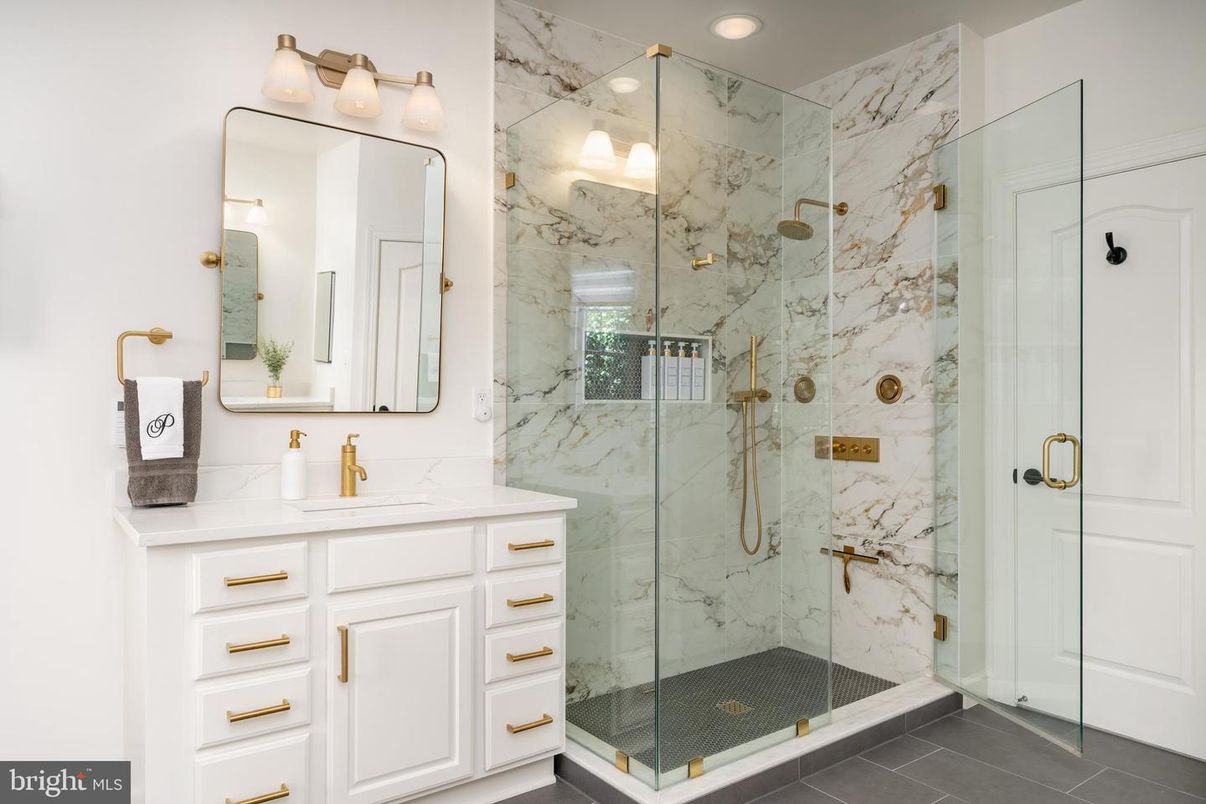 Bathroom, Glass Shower, Interior, Marble Walls, Recessed Lighting