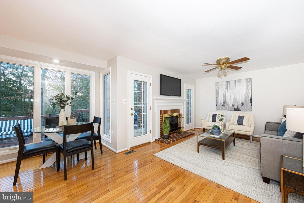 Dining room, Fireplace, Interior, Living room, Wood Texture Flooring
