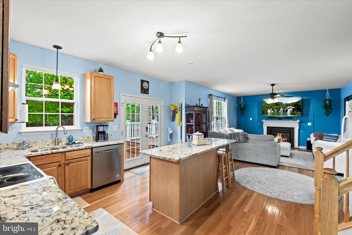 Fireplace, Interior, Kitchen, Living room, Pendant Lights, Wood Texture Flooring