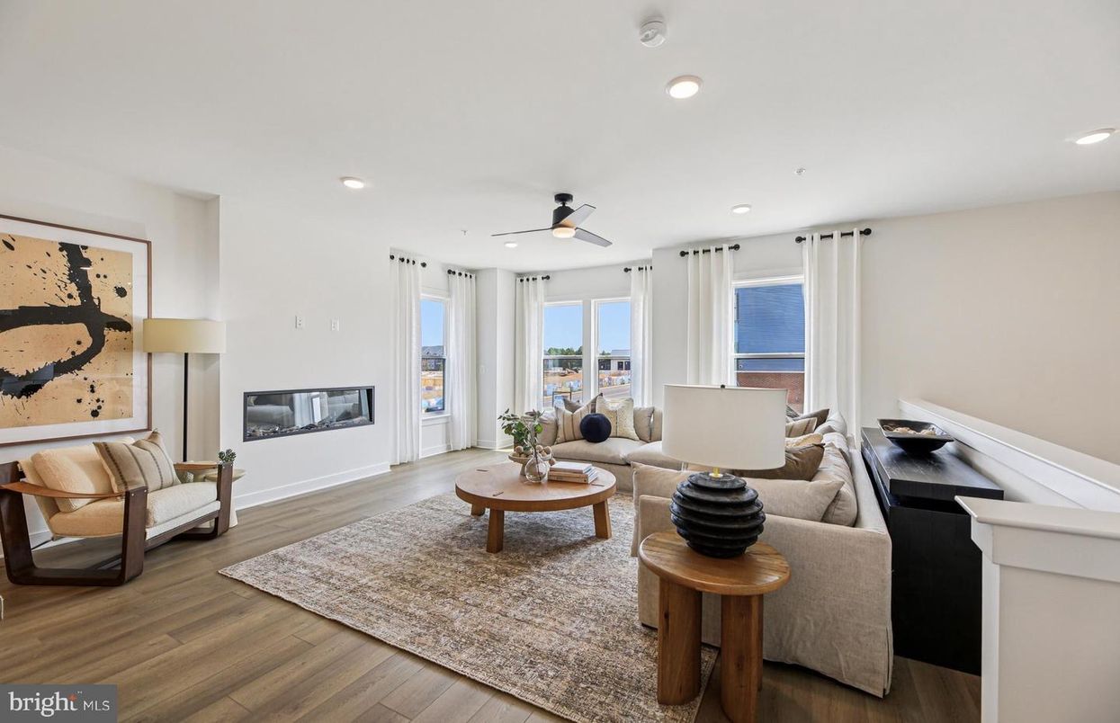 Fireplace, Interior, Living room, Recessed Lighting, Water, Wood Texture Flooring