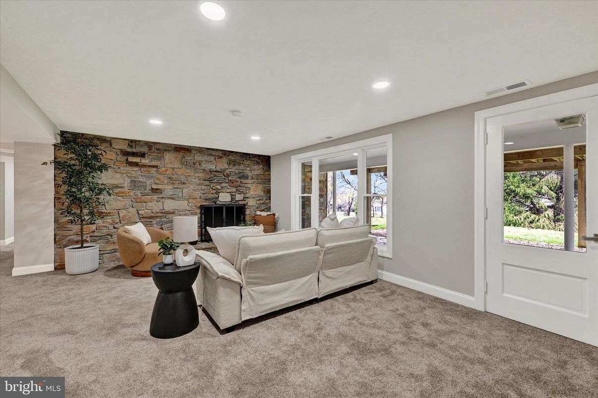 Fireplace, Interior, Living room, Recessed Lighting, Stone Walls