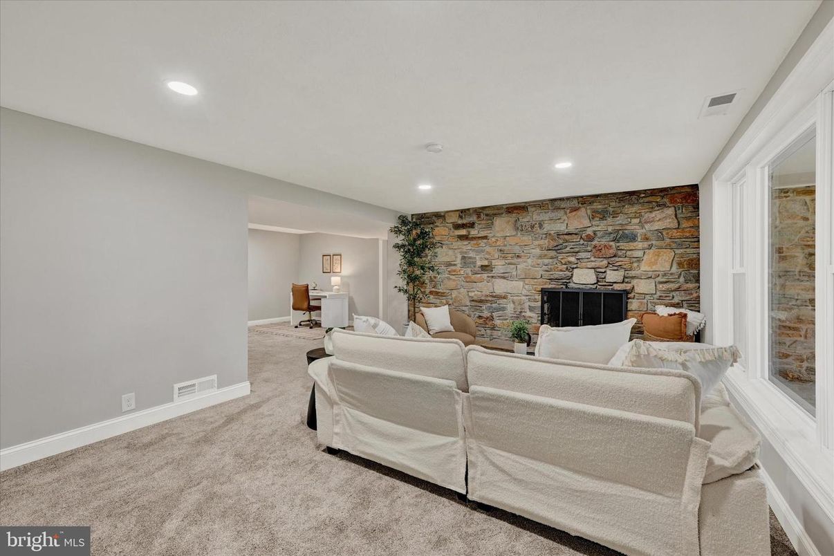 Fireplace, Interior, Living room, Recessed Lighting, Stone Walls