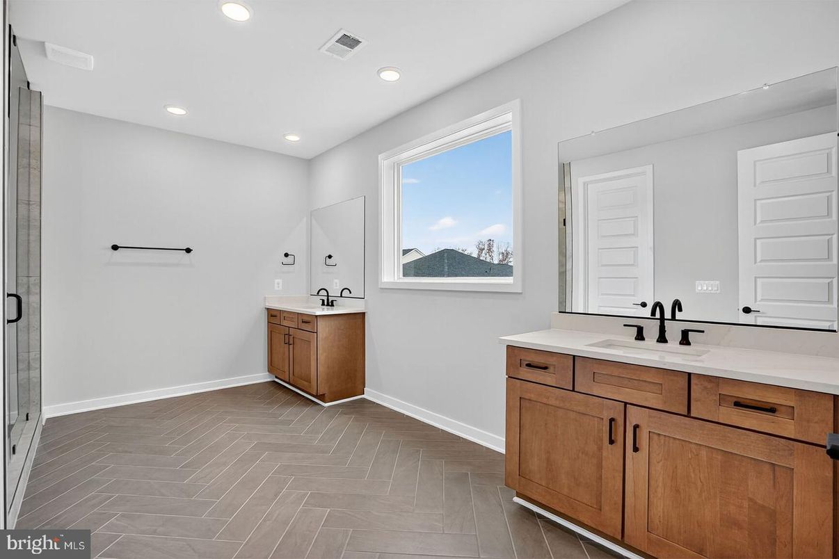 Bathroom, Dual Sink Vanities, Interior, Recessed Lighting, Wood Texture Flooring