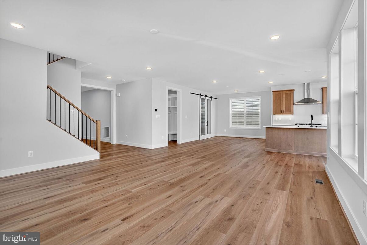 Empty room, Interior, Kitchen, Recessed Lighting, Wood Texture Flooring