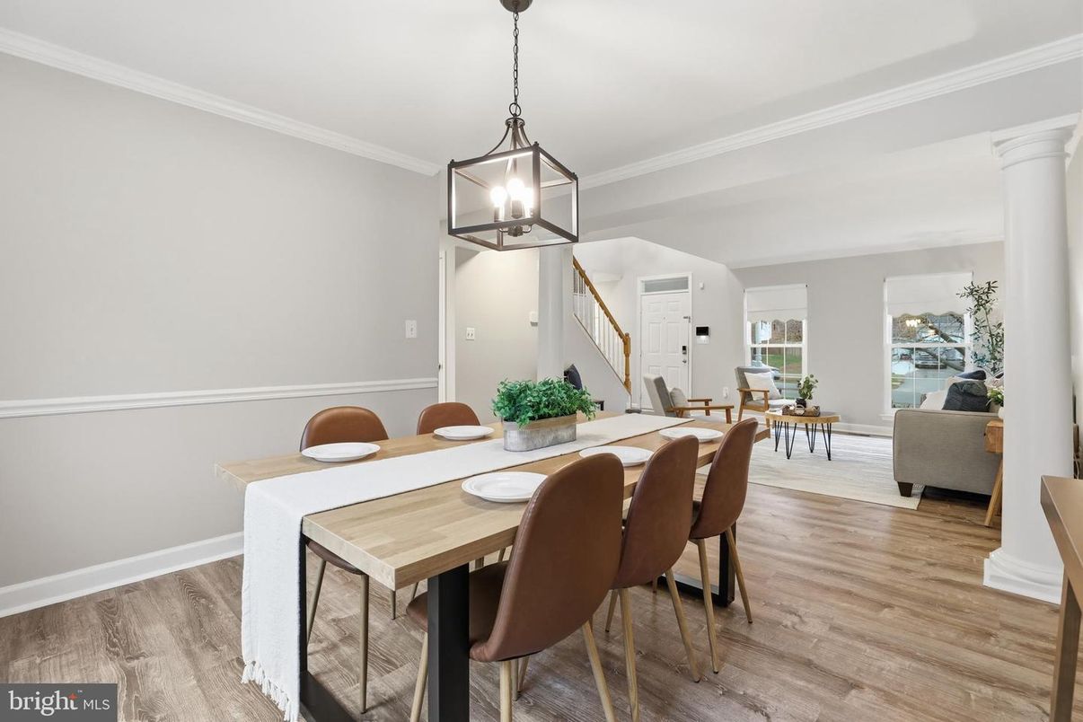 Dining room, Interior, Pendant Lights, Wood Texture Flooring