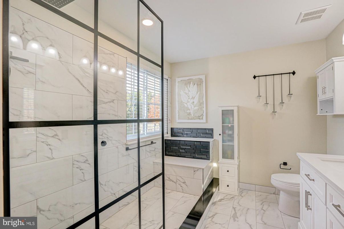 Bathroom, Glass Shower, Interior, Marble, Marble Walls, Recessed Lighting