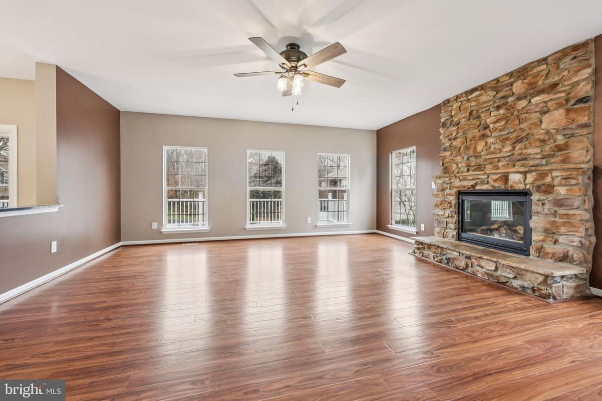 Empty room, Fireplace, Interior, Stone Walls, Wood Texture Flooring