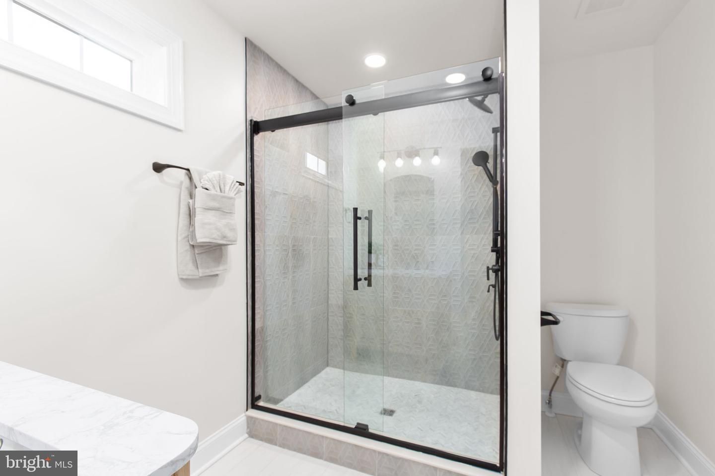 Bathroom, Glass Shower, Interior, Marble Walls, Recessed Lighting
