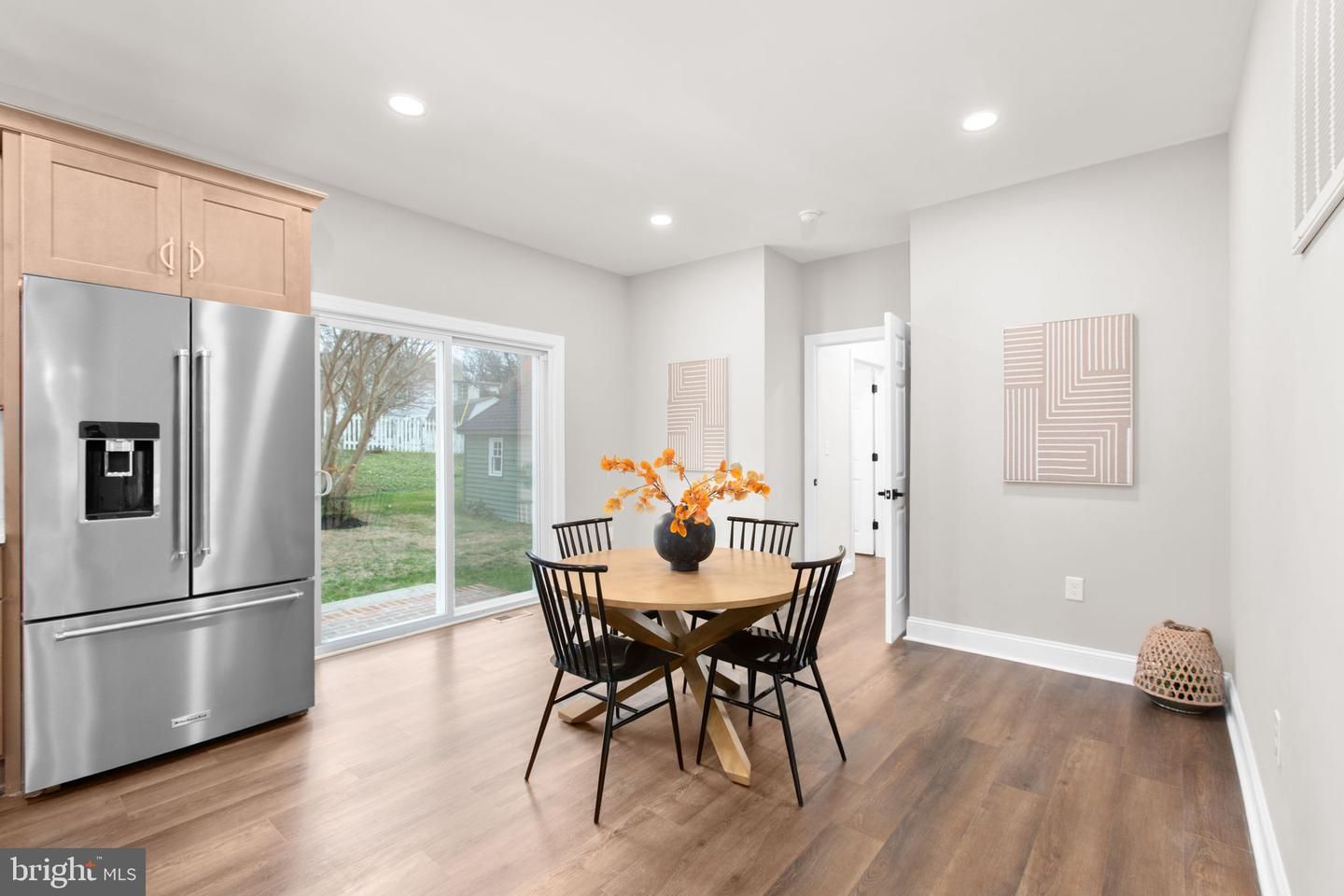 Dining room, Interior, Kitchen, Recessed Lighting, Stainless Steel Appliances, Wood Texture Flooring
