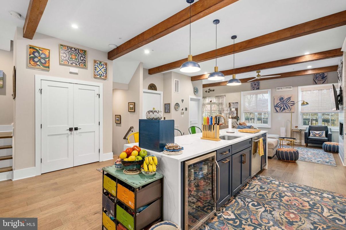 Interior, Kitchen, Living room, Pendant Lights, Recessed Lighting, Wooden Beams, Wood Texture Flooring