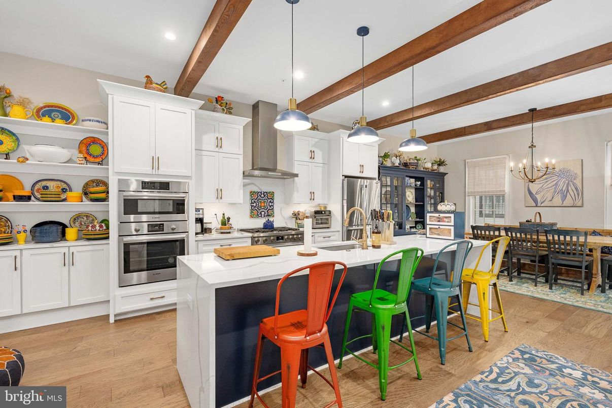 Chandelier, Dining room, Interior, Kitchen, Pendant Lights, Recessed Lighting, Stainless Steel Appliances, Wooden Beams, Wood Texture Flooring