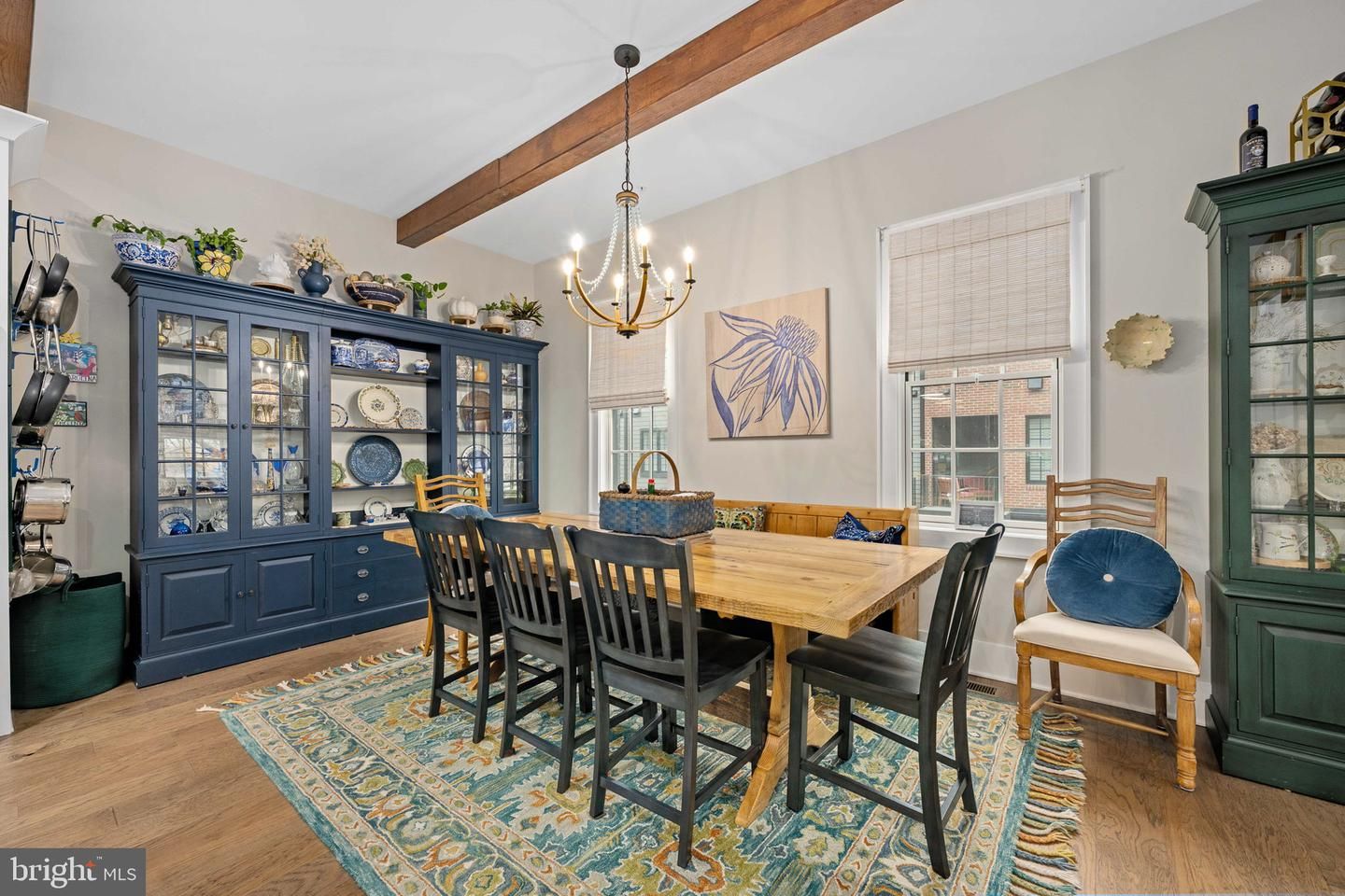 Chandelier, Dining room, Interior, Wooden Beams, Wood Texture Flooring