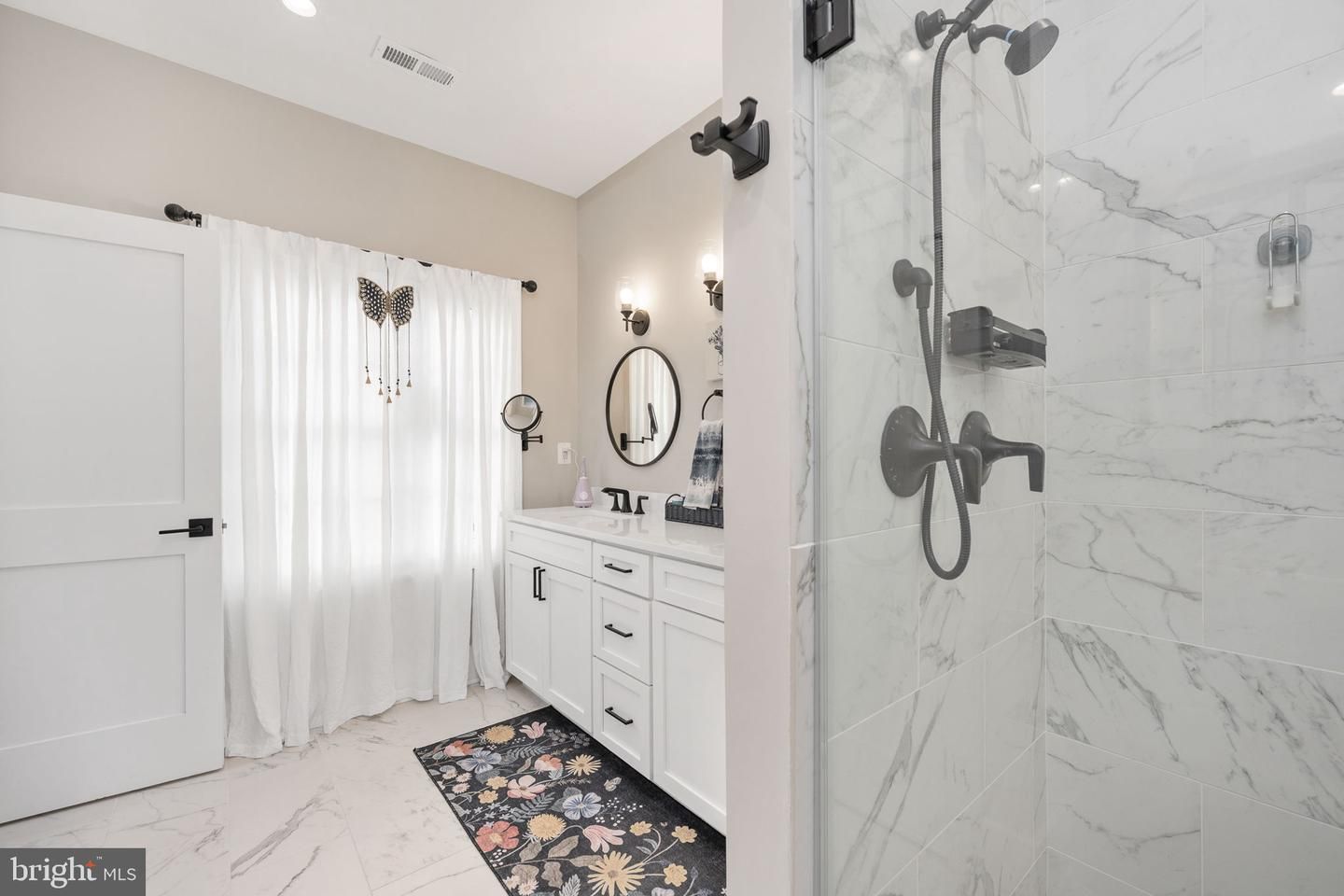 Bathroom, Glass Shower, Interior, Marble, Marble Walls, Recessed Lighting