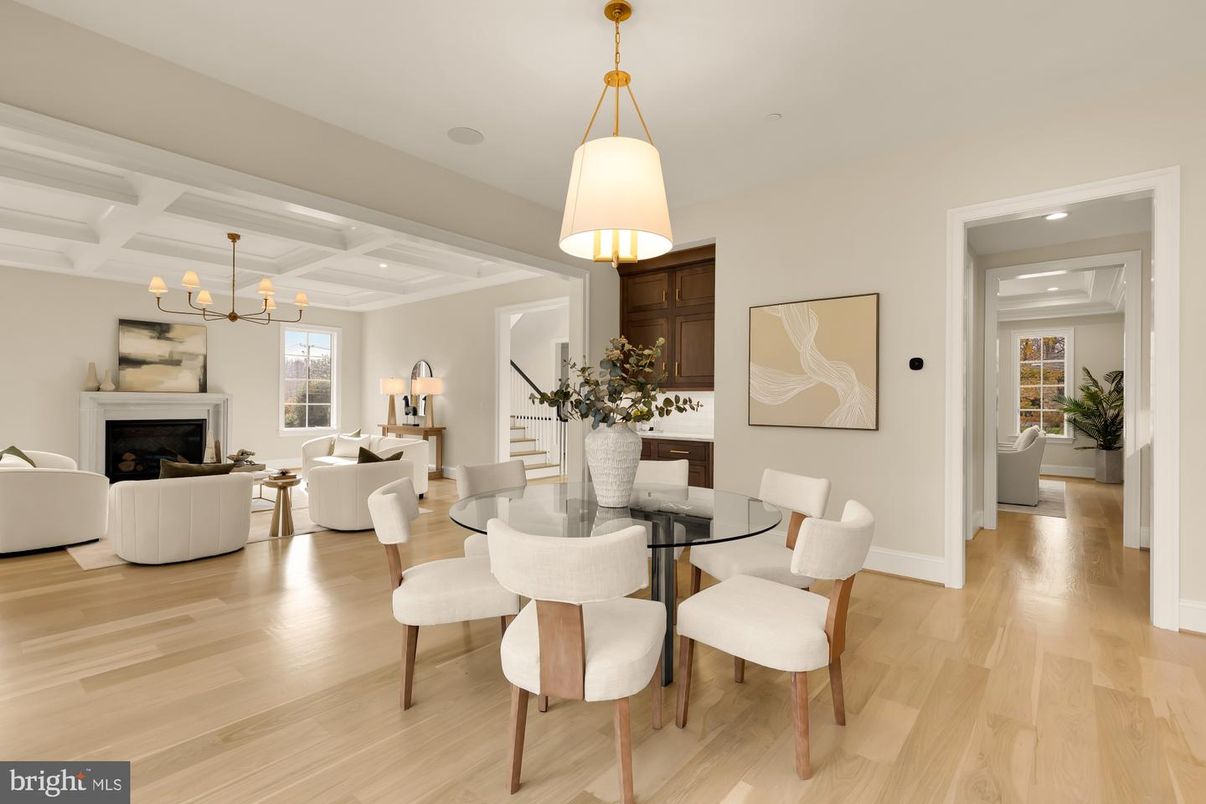 Chandelier, Dining room, Fireplace, Interior, Living room, Pendant Lights, Recessed Lighting, Wood Texture Flooring